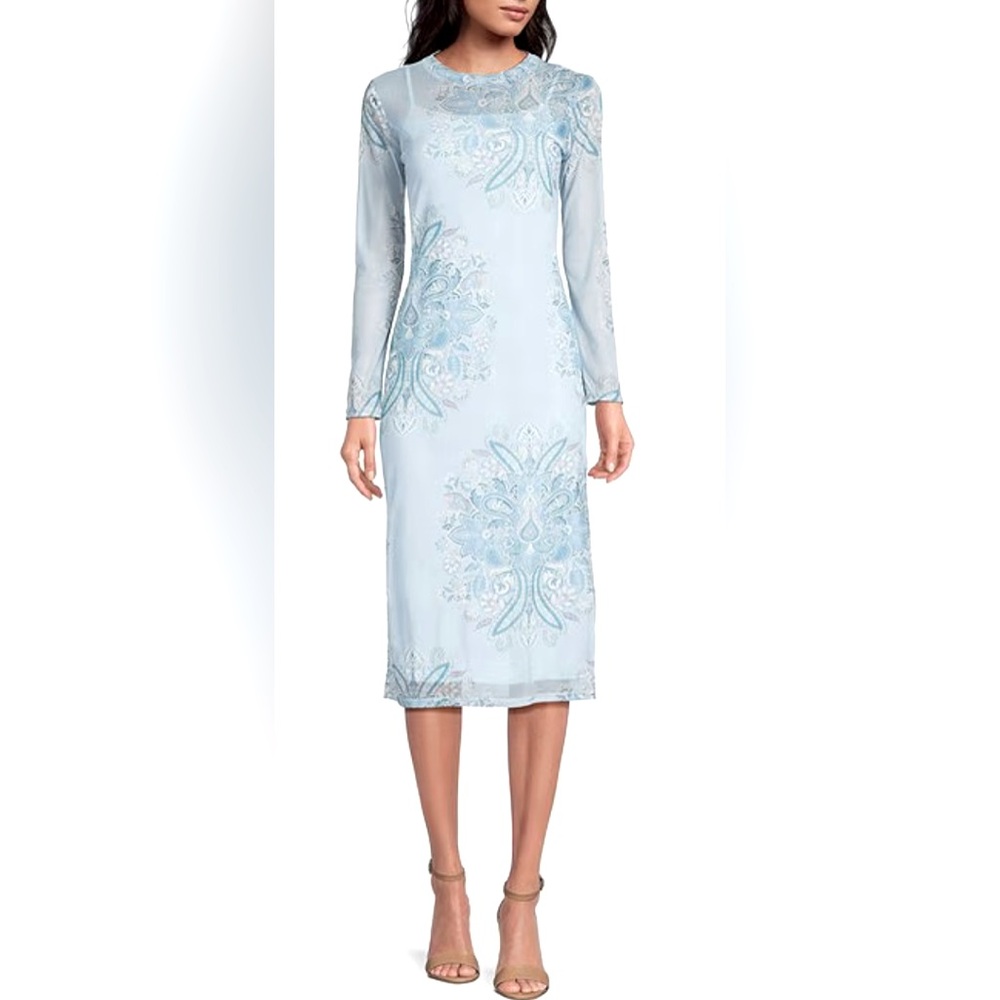 Gianni Bini Floral Mesh Printed Long Sleeve Midi Dress w Tonal Slip